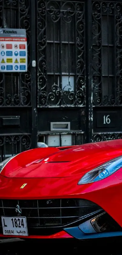 A striking red sports car parked on a city street.