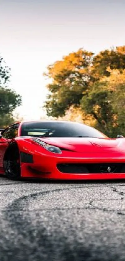 Sleek red sports car on a scenic road with trees in the background.