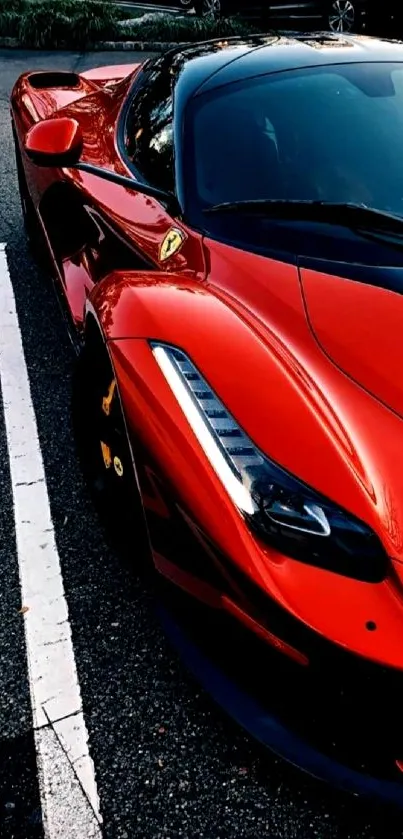 Red sports car parked, sleek design.