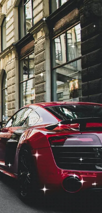 Red sports car parked in urban setting, sleek and luxurious.