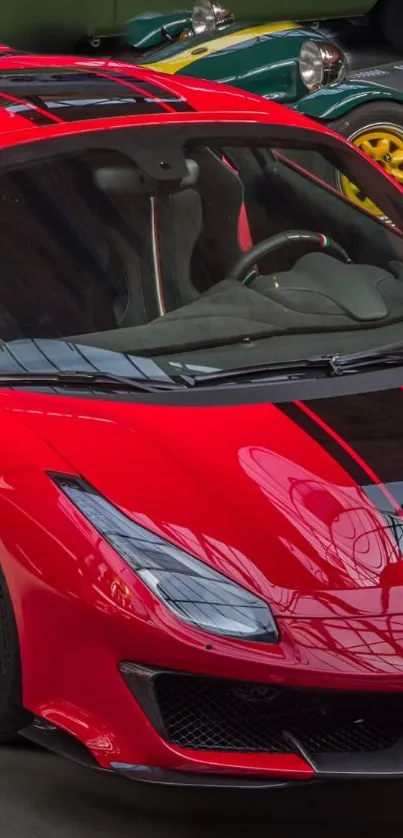 Red sports car with sleek design parked indoors.