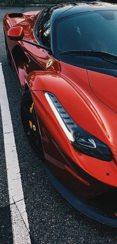 Sleek red sports car parked on urban street.