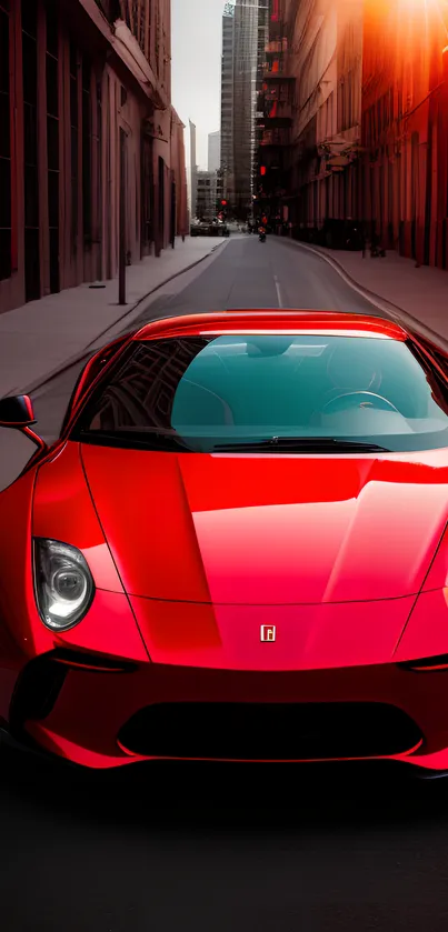 Wallpaper of a sleek red sports car in a city street setting.