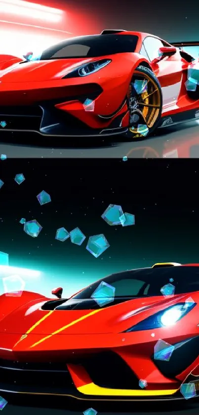 Sleek red sports cars with dynamic lighting in vibrant mobile wallpaper.