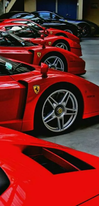 Row of sleek red sports cars in a garage setting.