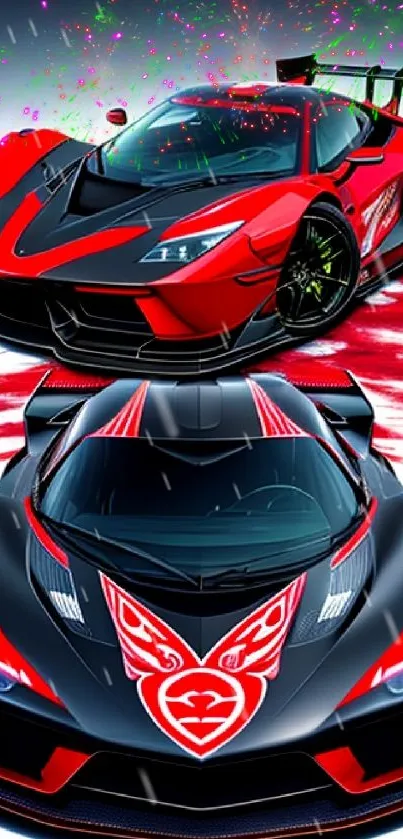 Red sportscars with sleek design in a dynamic mobile wallpaper.