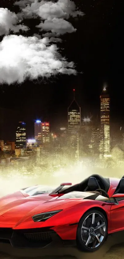 Red supercar with city skyline at night.