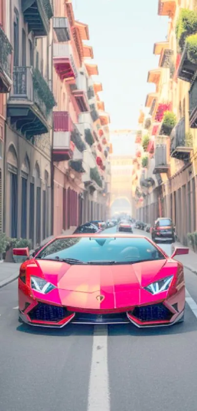 Red sports car on a vibrant European street.