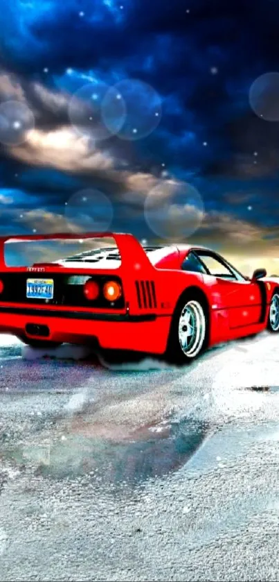 Red supercar on icy road with dramatic clouds.