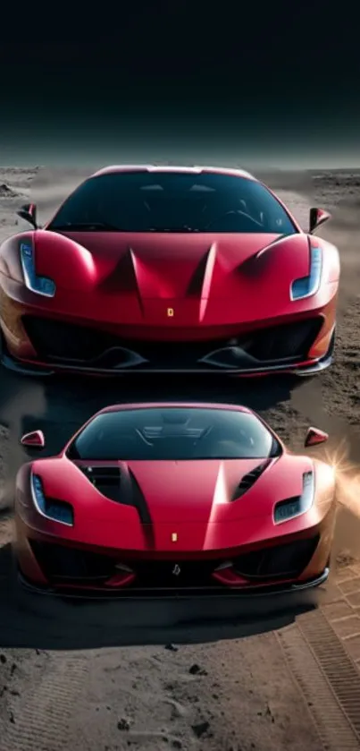 Red supercar driving on sandy terrain with dynamic motion in stunning wallpaper.