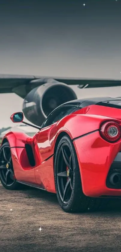 Stunning red supercar with airplane background, exuding speed and elegance.