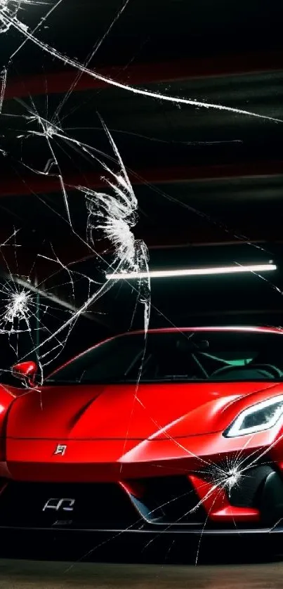 Sleek red supercar with cracked glass effect background.