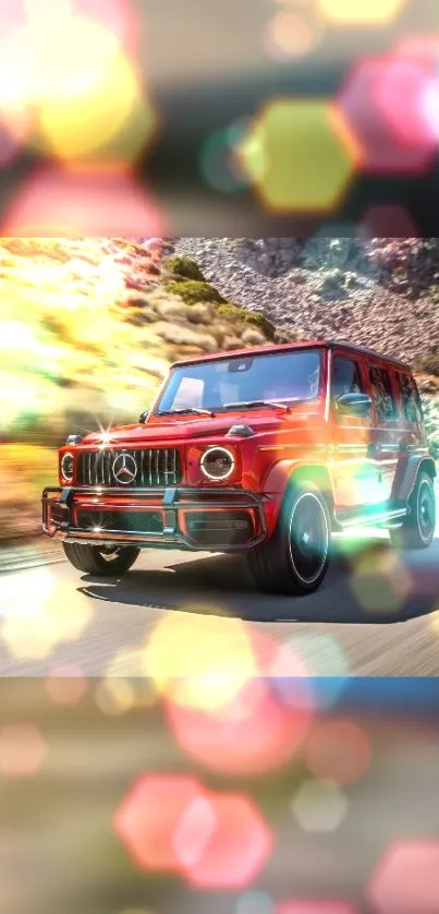 Red SUV driving on a scenic road with vibrant bokeh highlights.