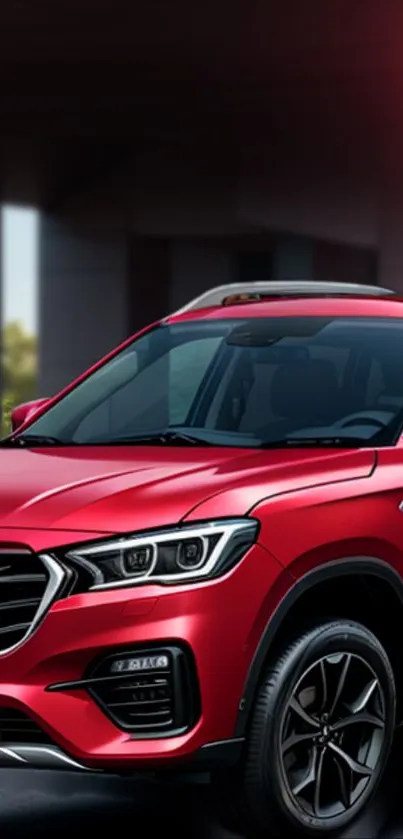 Sleek red SUV in an urban setting, showcasing modern automotive design.