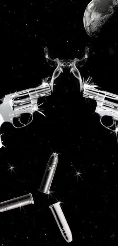 Black and white wallpaper with revolvers and bullets in space.