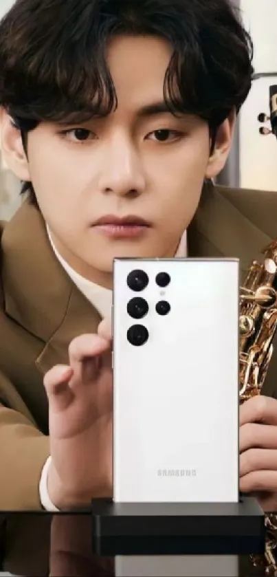 Samsung phone in modern setting with saxophone.