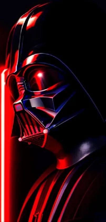 Dark helmet with red glow on a mobile wallpaper.