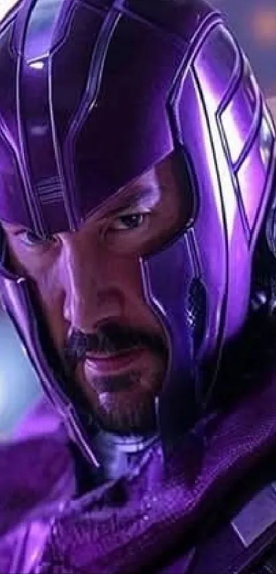 Futuristic warrior in purple armor close-up.