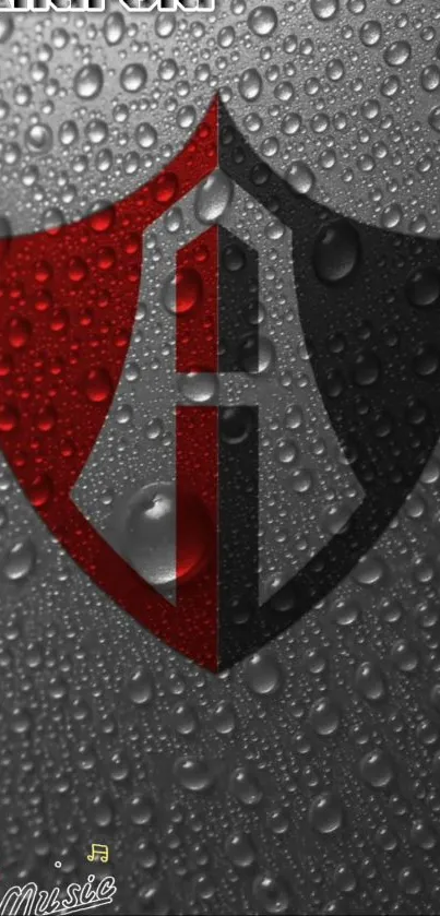 Red and black shield logo with water droplets on gray background.