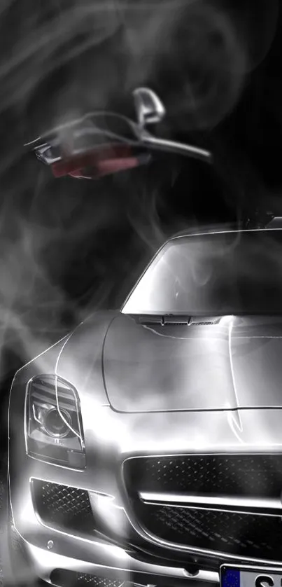 Sleek silver car with smoke effect in mobile wallpaper.