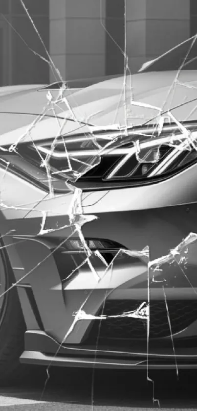 Artistic black and white silver car with cracked glass effect.