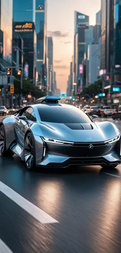 Futuristic silver car driving through a city at sunset.