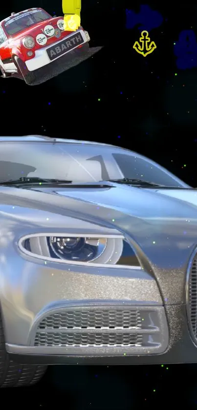 Silver car with a starry backdrop wallpaper.