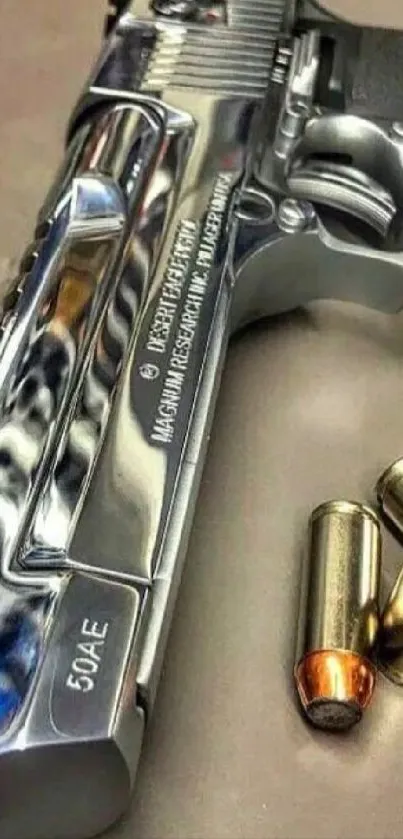 Close-up of a silver Magnum gun with bullets.