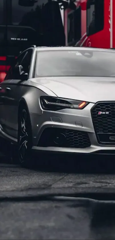 Sleek silver Audi sports car parked on a street.