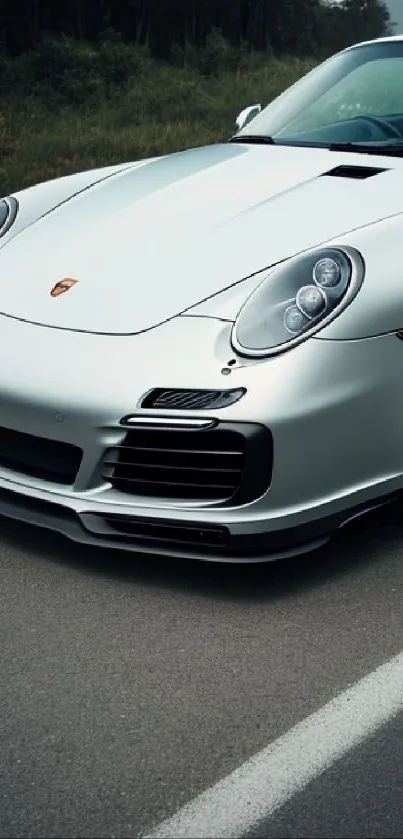 Sleek silver sports car on a scenic road.