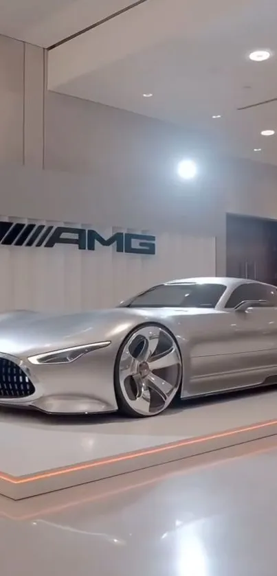 Sleek silver sports car displayed in a modern showroom, embodying luxury and style.