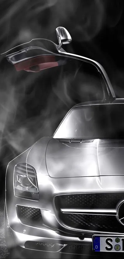 Sleek silver sports car with wing door against a dark background for mobile wallpaper.