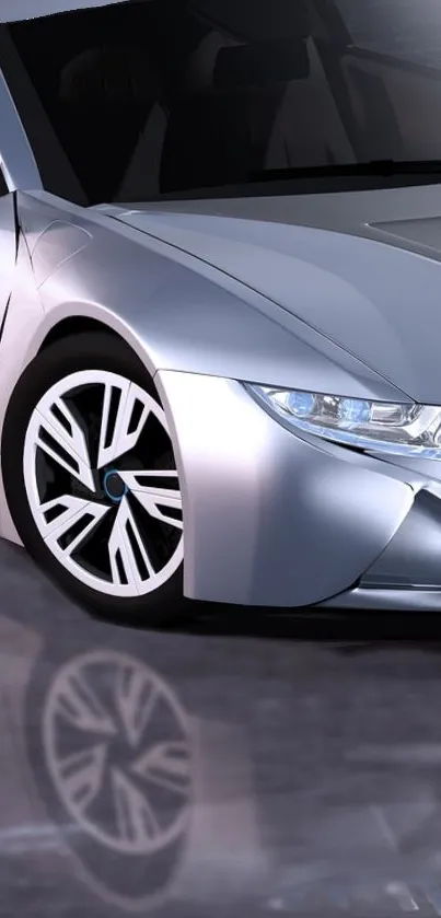 Silver sports car with a sleek design and reflections.