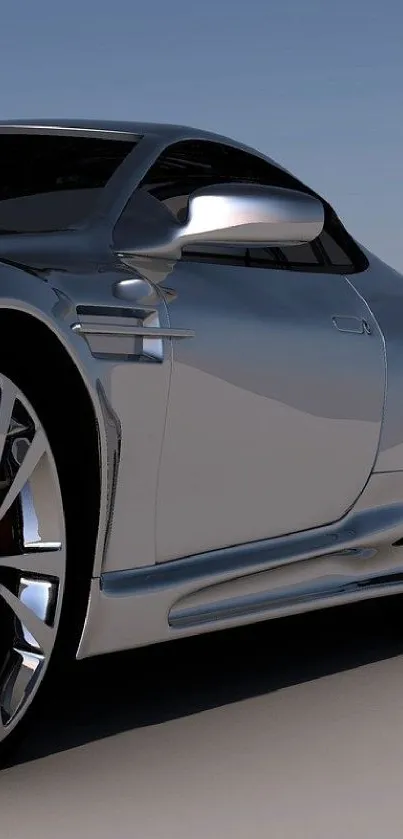 Close-up of a sleek silver sports car with a polished metallic finish.