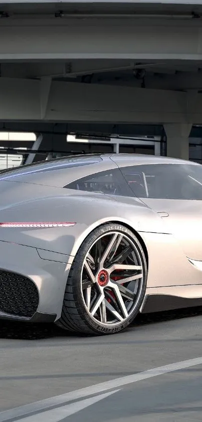 Sleek silver sports car in parking area background.