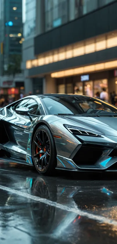 Sleek silver sports car on a rainy city street, glowing under city lights.