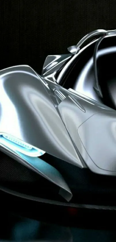 Sleek silver supercar with futuristic design.