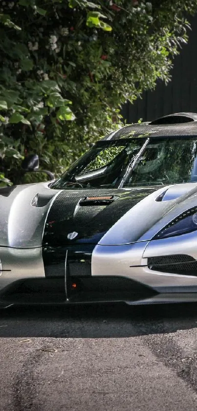 Sleek silver supercar parked by foliage and brick wall.