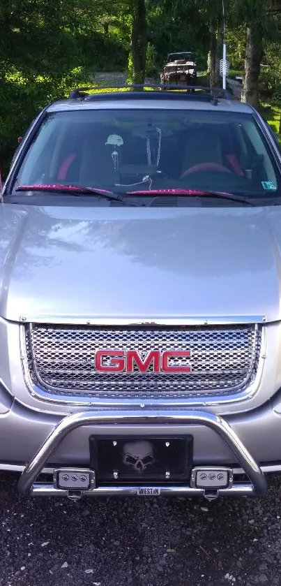 Front view of a sleek silver SUV in a green outdoor setting.