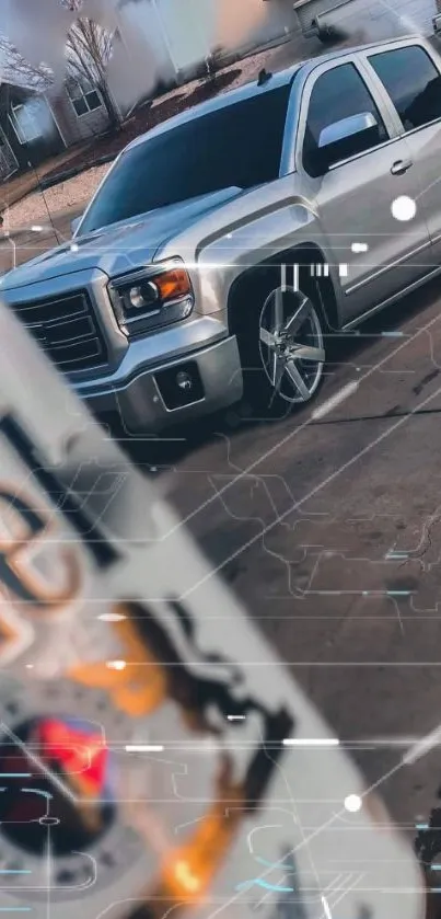 Sleek silver truck parked in an urban setting.