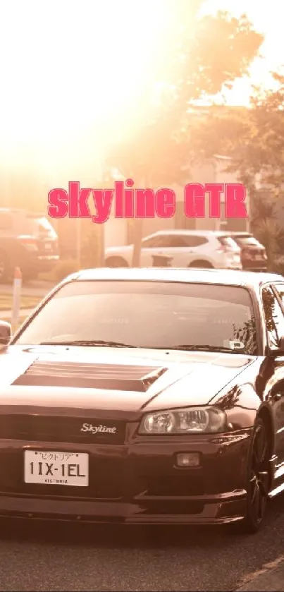 Skyline GTR parked on a sunlit street during sunset.