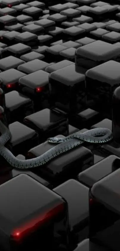 Sleek snake on digital black cubes with red highlights.