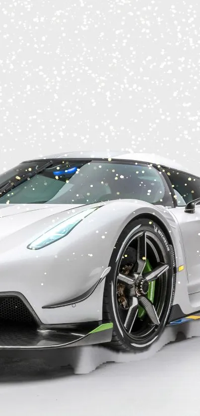 Sleek white sports car in snowy background wallpaper.