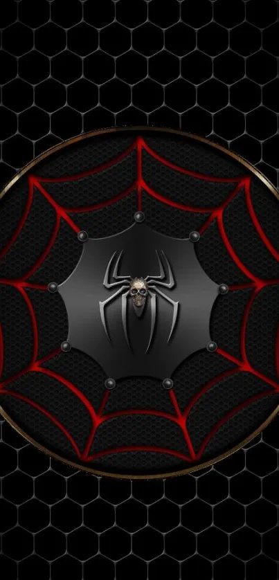 Black and red spider web design wallpaper with hexagon pattern.