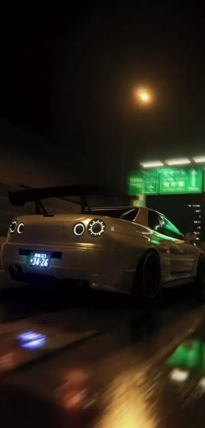 A sleek white sports car speeds through a city at night, under glowing green signs.