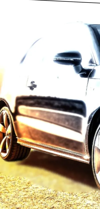 Sleek sports car with shiny wheels and vibrant lighting on a sunny road.