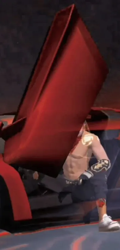 Person sitting in a futuristic red sports car with gullwing doors open.