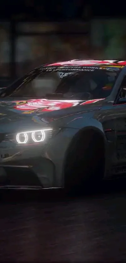 Sleek sports car racing at night with glowing headlights.