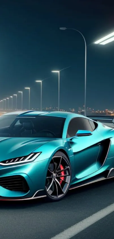 Teal sports car driving on a highway at night under streetlights.