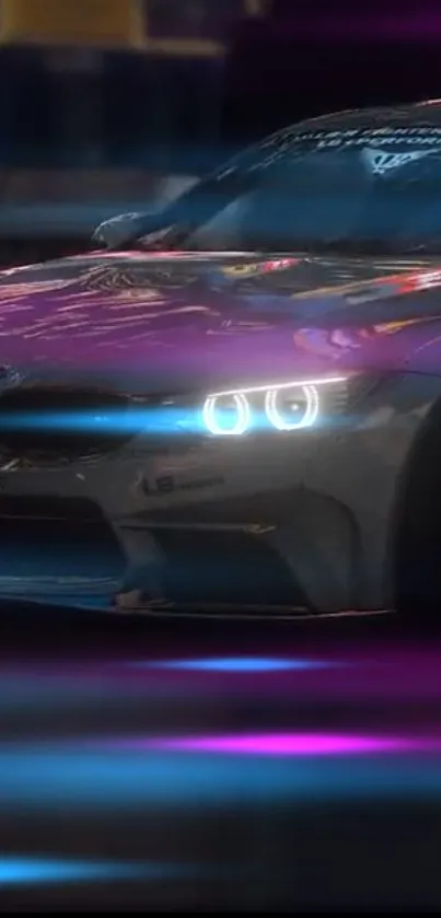 Dynamic sports car glowing with vibrant lights at night.